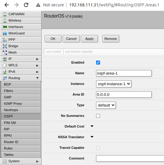 MikroTik-1 ospf area